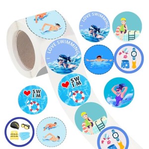 PIBIMoicy 500 Pcs Swimming Roll Stickers,Swimming Party Favor Supplies Decorations Action Sport Themed Birthday Baby Shower Party Gifts Goodie Bag Stuffers Prize Labels